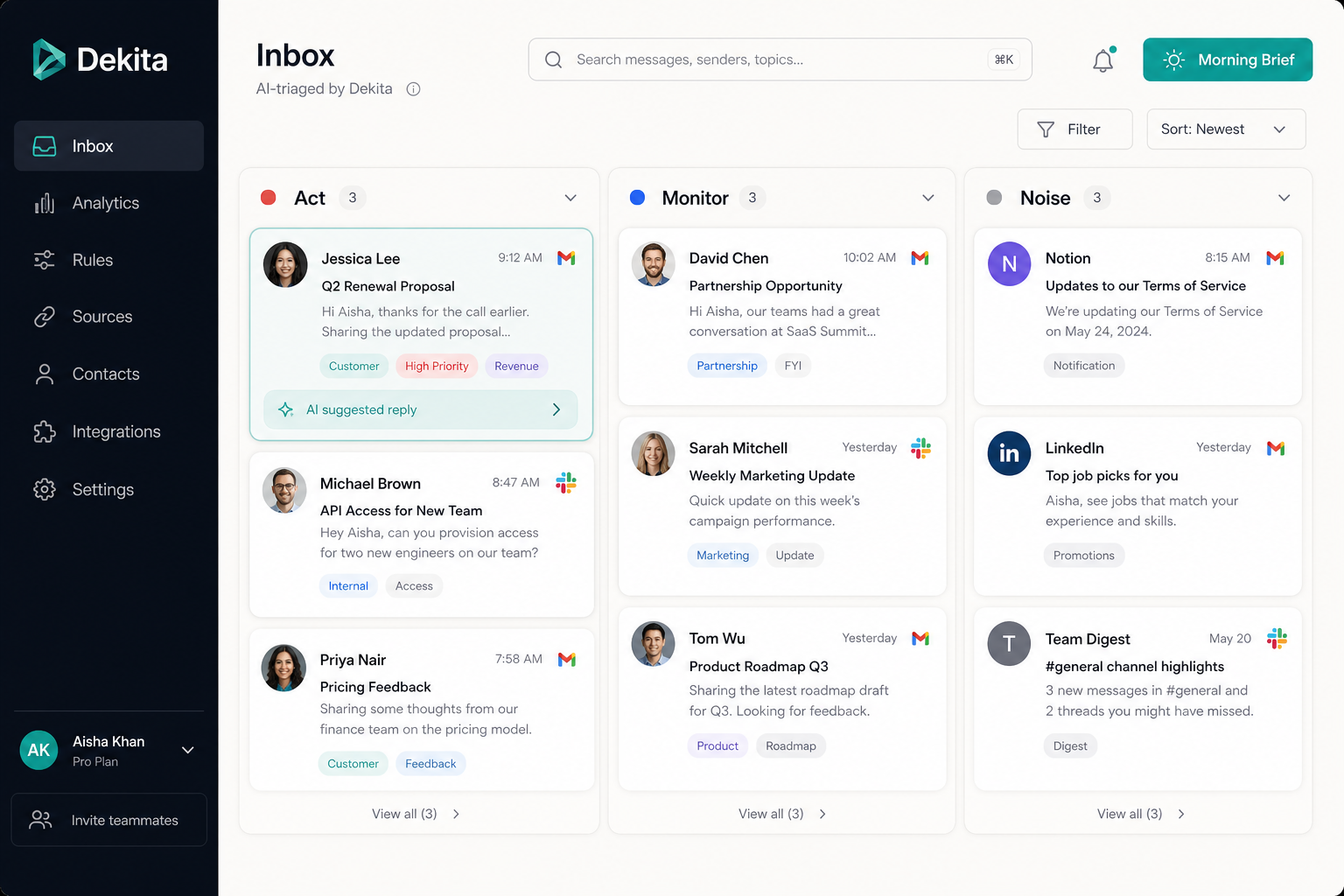 Dekita dashboard showing one clear list of what needs you